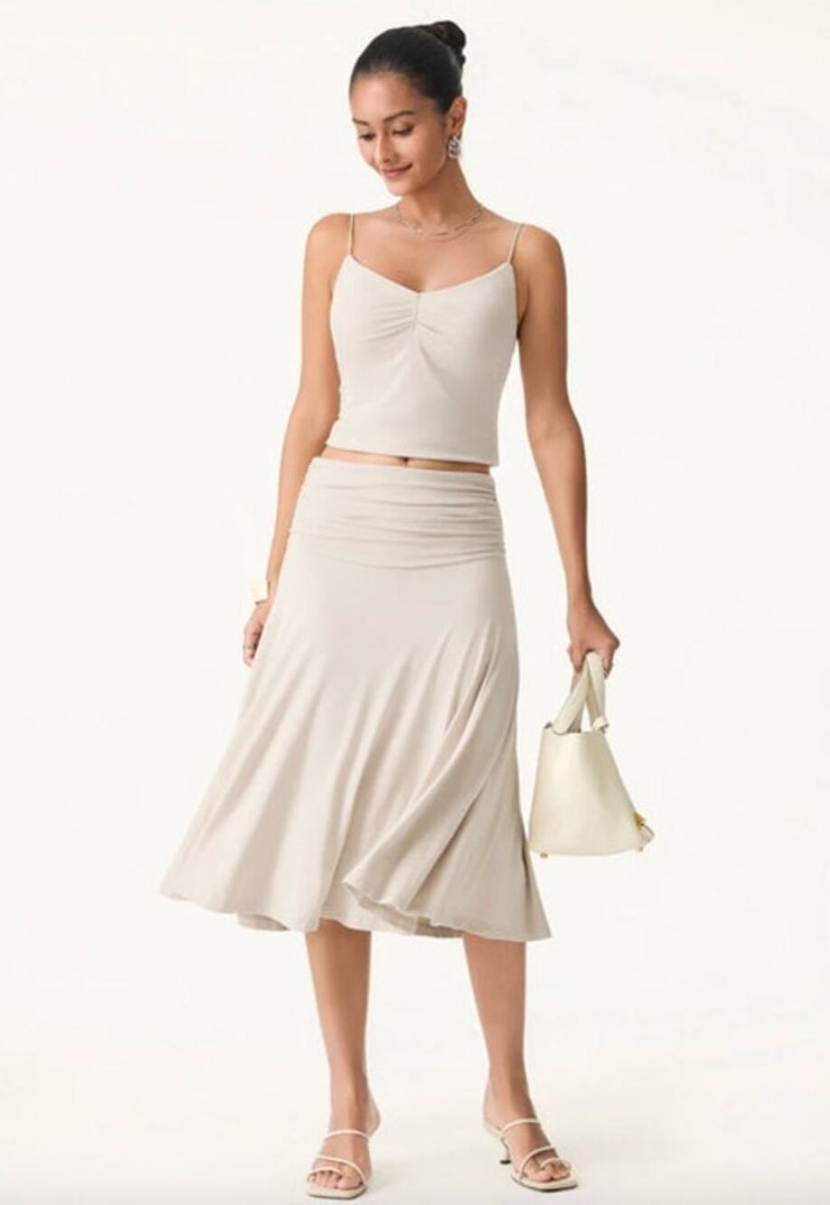 OGL Skirt Size S NEW Flowy Side Ruched A-line Midi Skirt Fog Cream Eco-SkinKiss